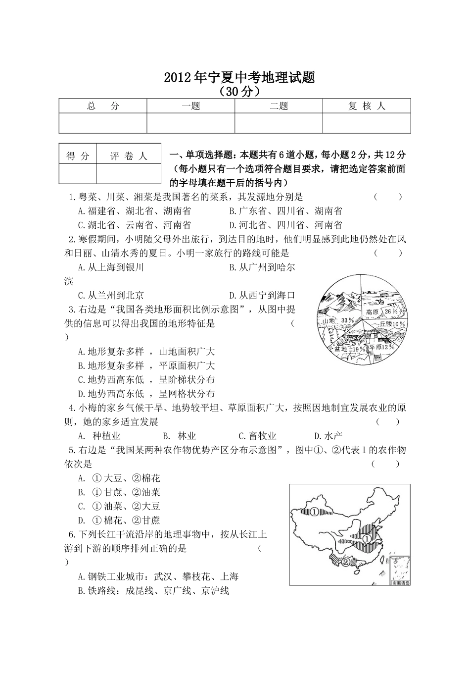2012年宁夏中考地理试题_第1页