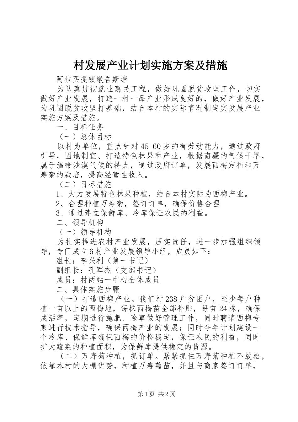 村发展产业计划实施方案及措施_第1页