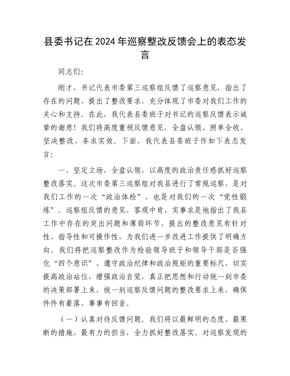 县委书记在2024年巡察整改反馈会上的表态发言_第1页