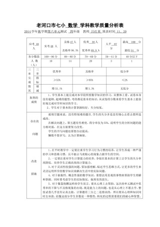 2014秋七小四年级2班数学六单元质量分析表