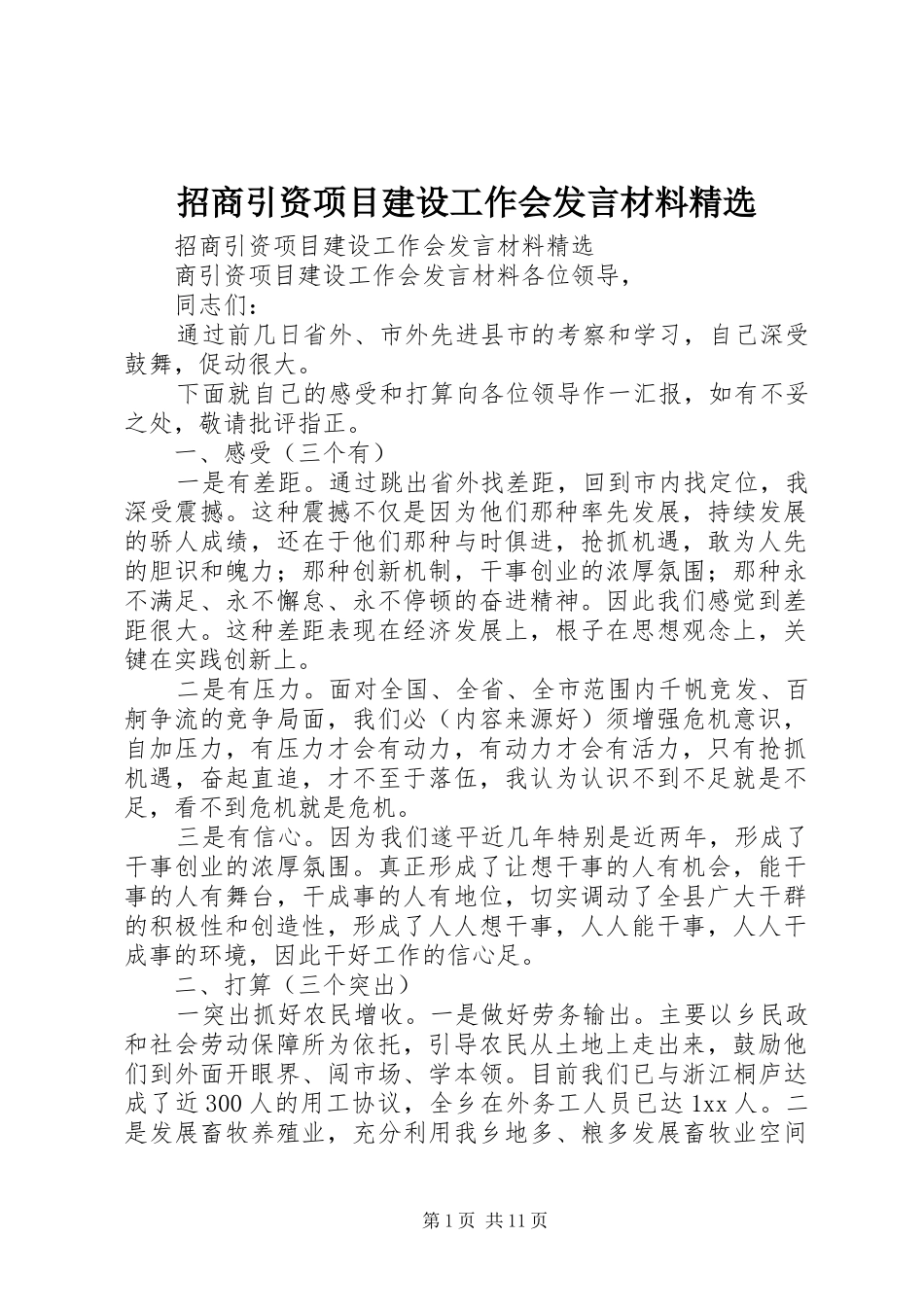 招商引资项目建设工作会发言材料精选_第1页