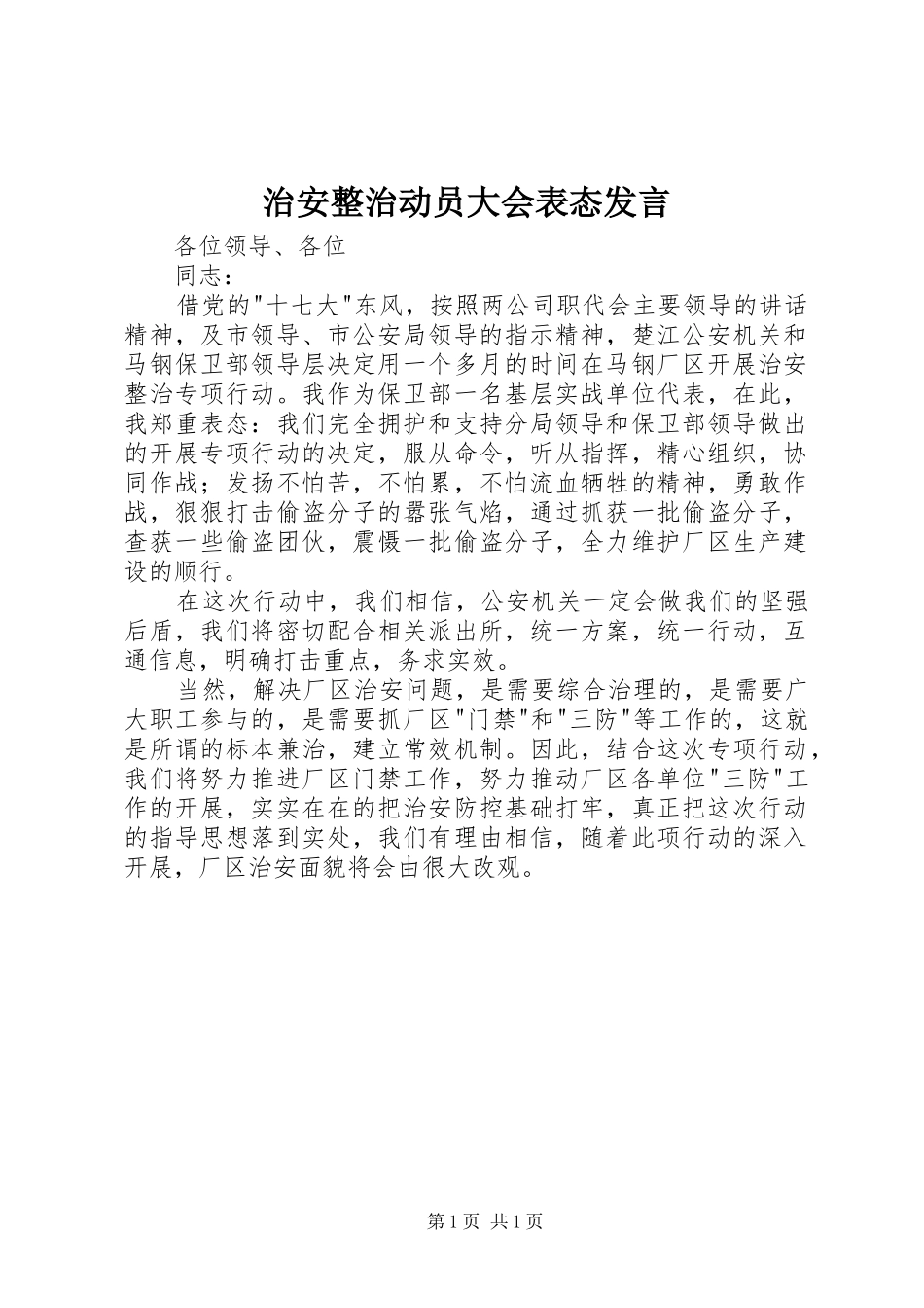 治安整治动员大会表态发言_第1页