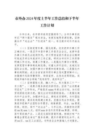 市外办2024年度上半年工作总结和下半年工作计划