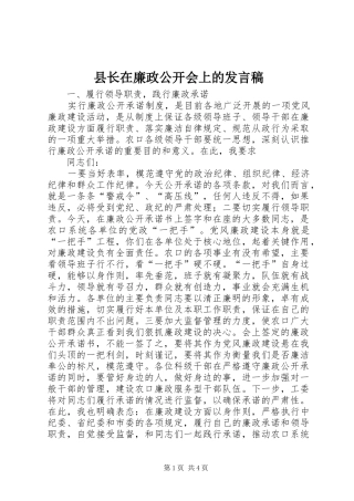 县长在廉政公开会上的发言稿