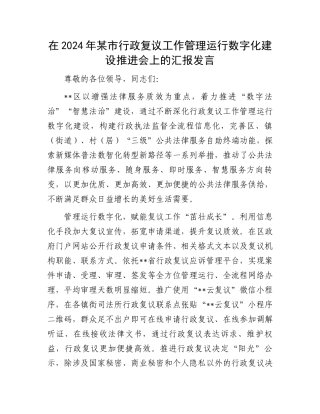 在2024年某市行政复议工作管理运行数字化建设推进会上的汇报发言