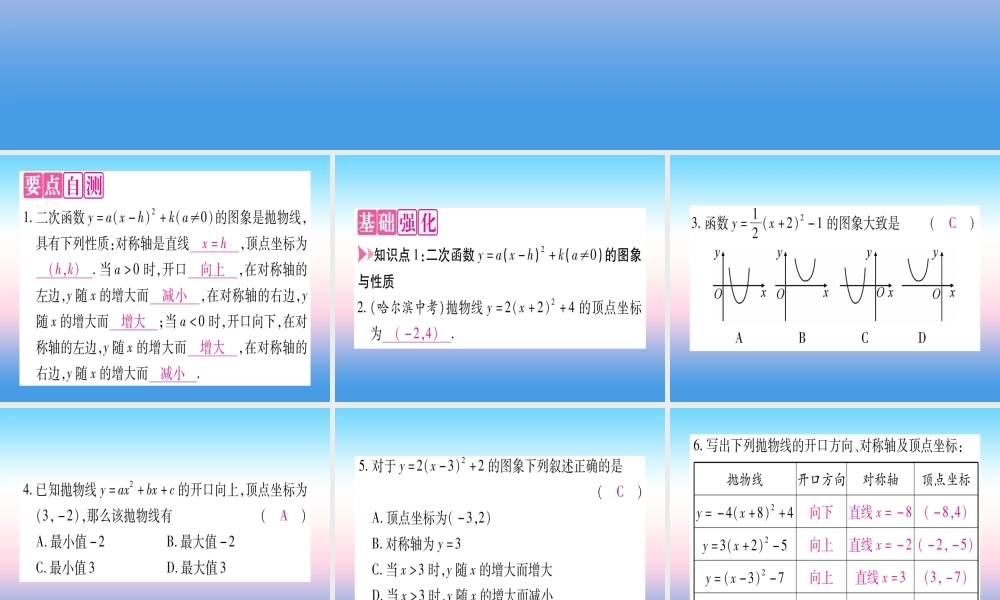 九年级数学下册 第1章 二次函数 12 二次函数的图象与性质 第4课时 ya(x h)2k(a≠0)的图象与性质作业课件 (新版)湘教版 课件