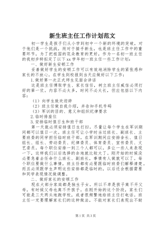 新生班主任工作计划范文