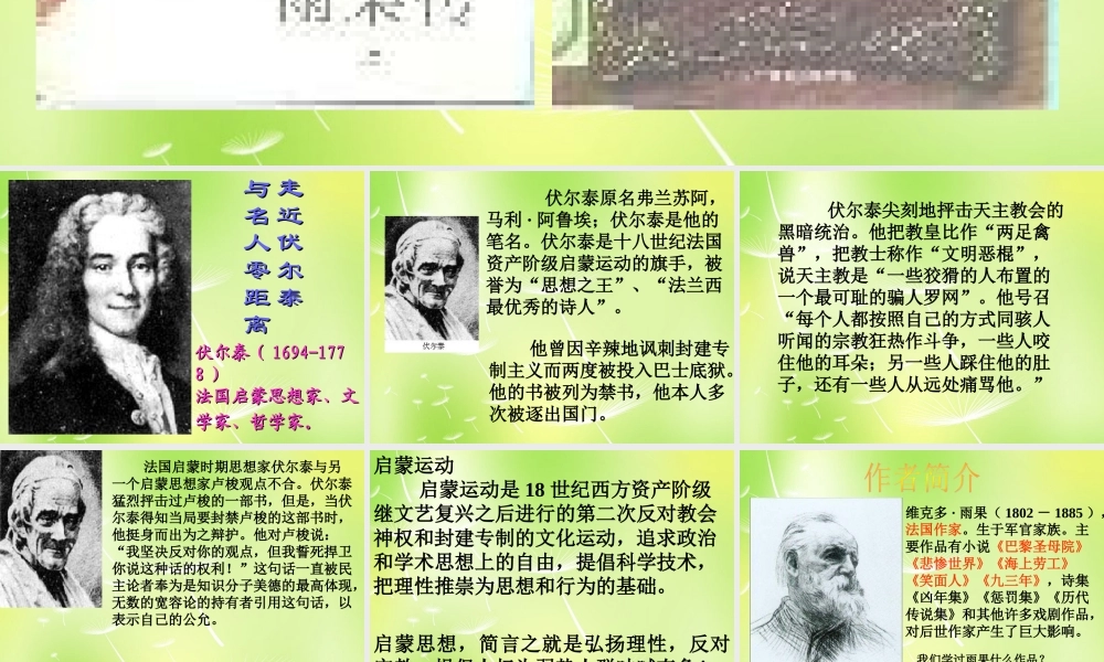 中学九年级语文上册 第6课(纪念伏尔泰逝世一百周年的演说)课件 新人教版 课件