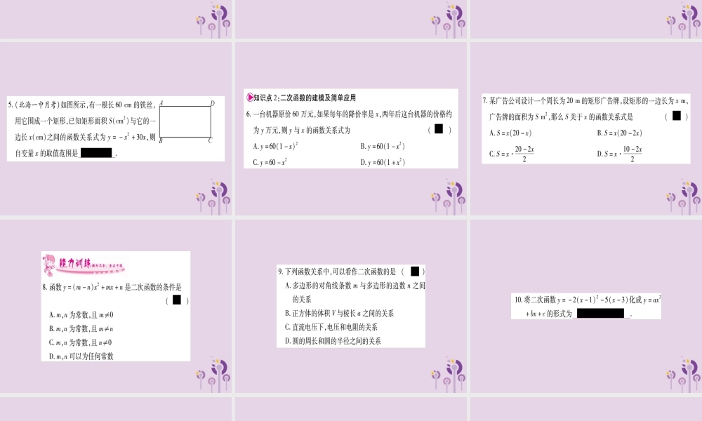 广西九年级数学下册 第1章 二次函数 1.1 二次函数作业课件 (新版)湘教版 课件