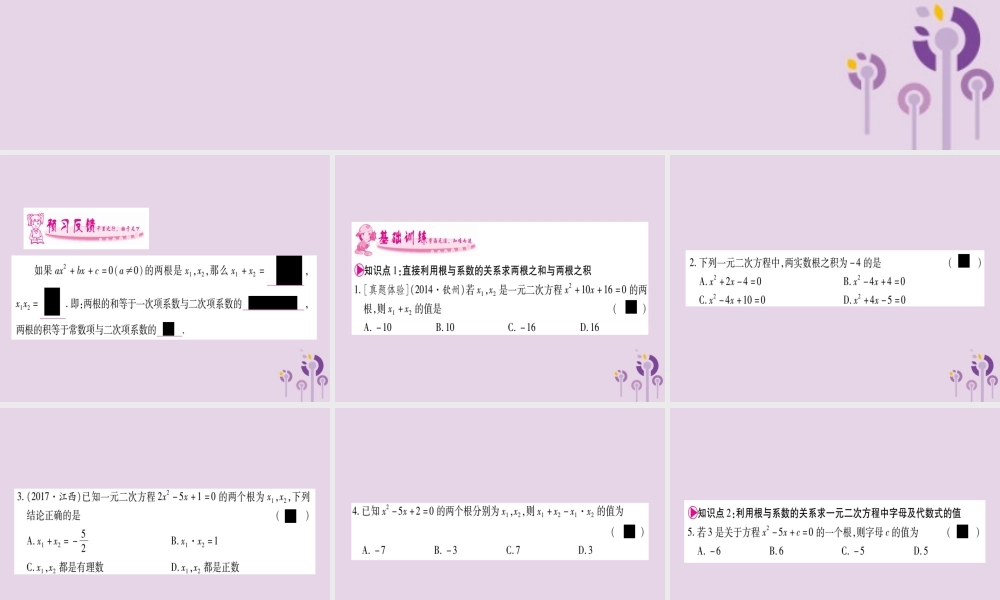 九年级数学上册 第2章 一元二次方程 24 一元二次方程根与系数的关系作业课件 (新版)湘教版 课件