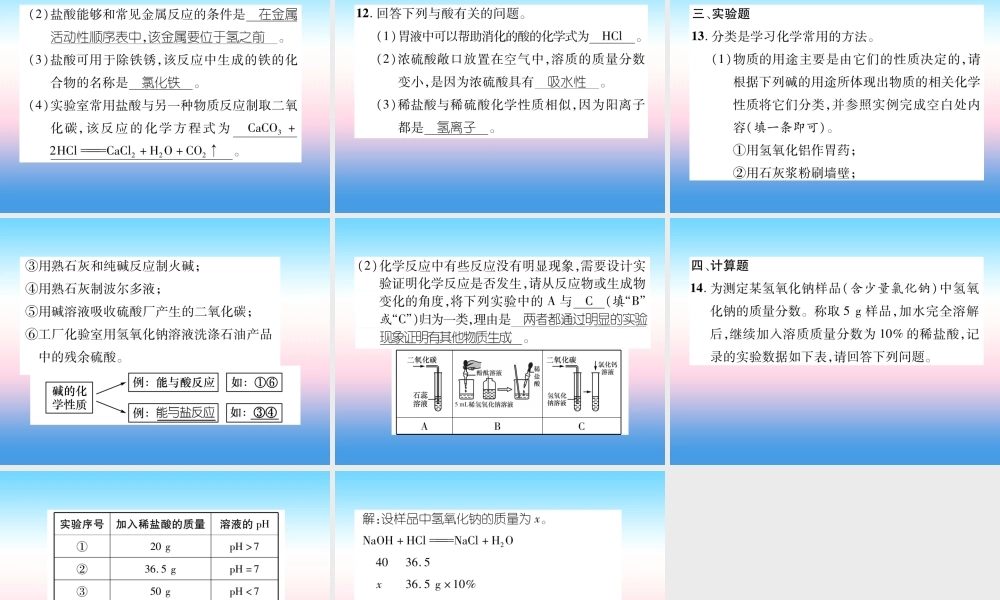 中考化学复习 第1编 教材知识梳理篇 第10单元 酸和碱 第1讲 常见的酸和碱(精练)课件