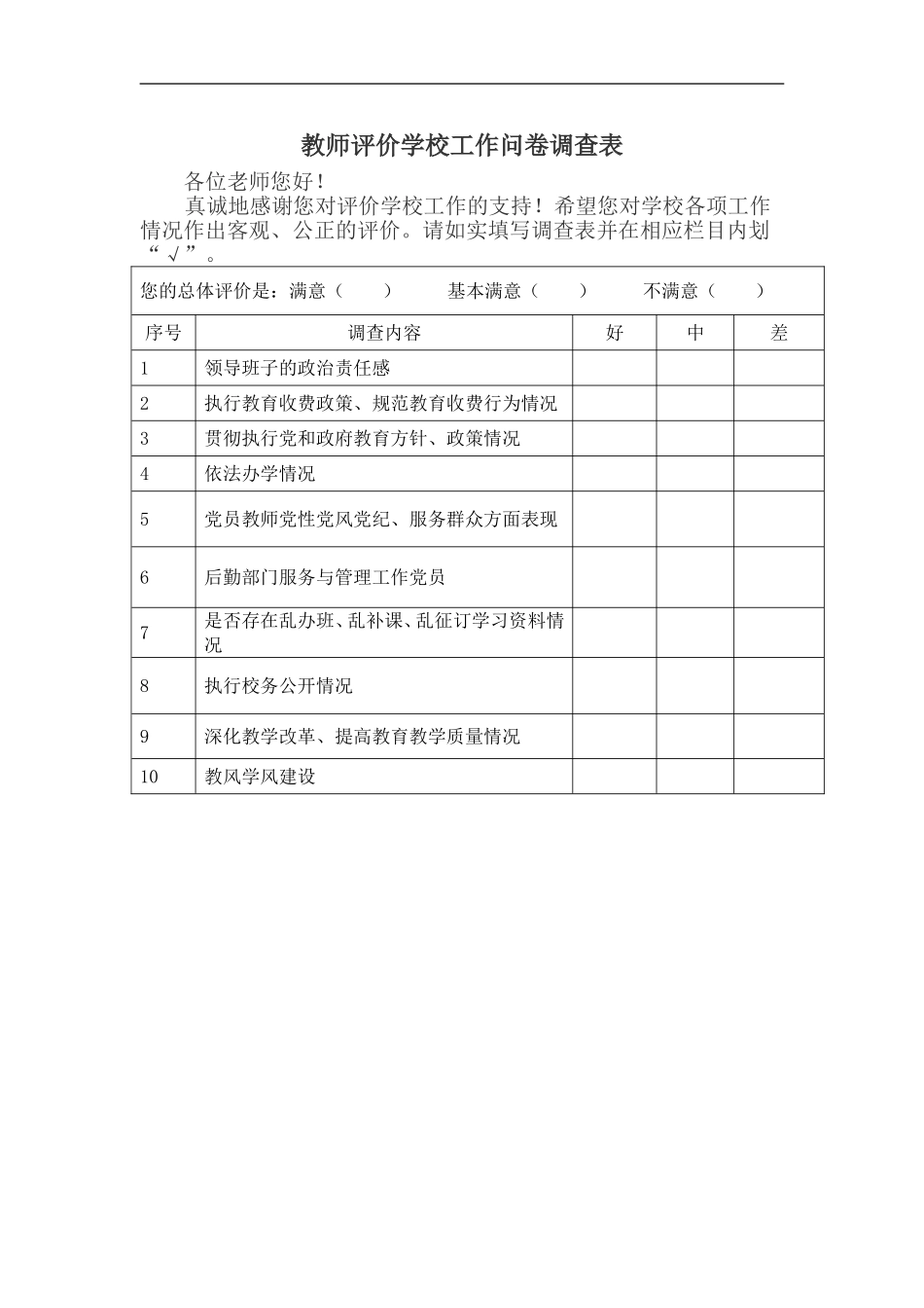 教师评价学校工作问卷调查表[1]_第1页
