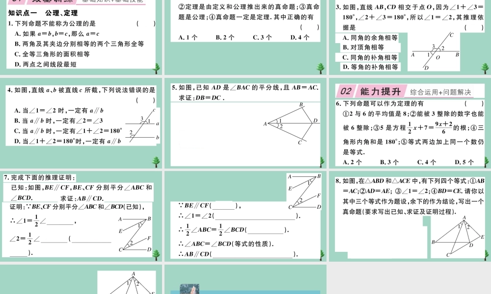 八年级数学上册 第七章(平行线的证明)7.2 定义与命题 第2课时 定理与证明作业课件 (新版)北师大版 课件