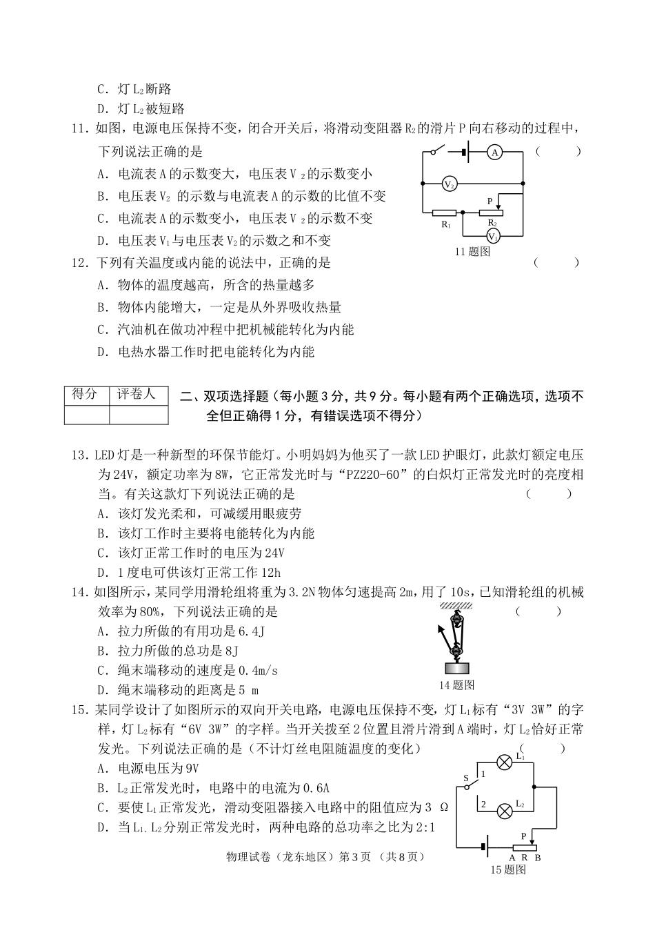 2014年初中学业考试物理试题(龙东)定稿_第3页