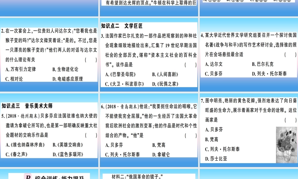 九年级历史下册 第二单元 第二次工业革命和近代科学文化 第7课 近代科学与文化习题课件 新人教版 课件