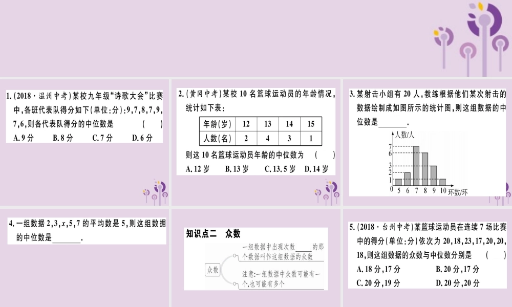 八年级数学下册 第二十章(数据的分析) 数据的集中趋势 .2.1 中位数和众数习题课件 (新版)新人教版 课件
