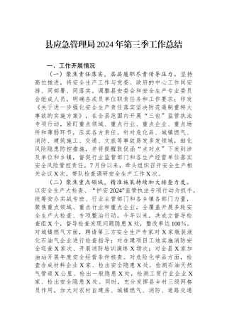 县应急管理局2024年第三季工作总结