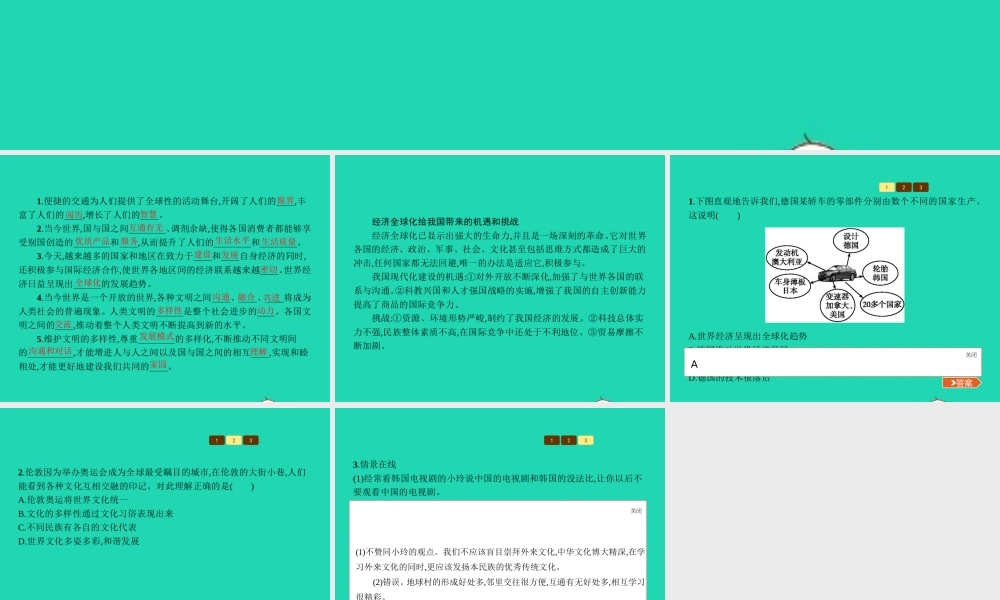 九年级政治全册 第一单元 世界大舞台 第1课 生活在地球村 第2框 村里的生活很不错课件 人民版 课件