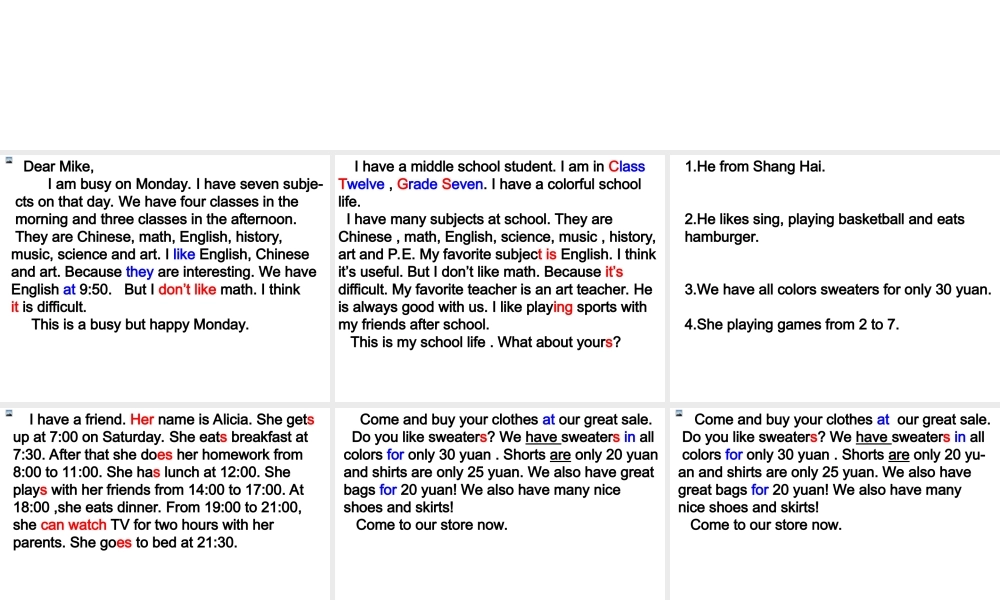 七年级上期末补全对话及作文全