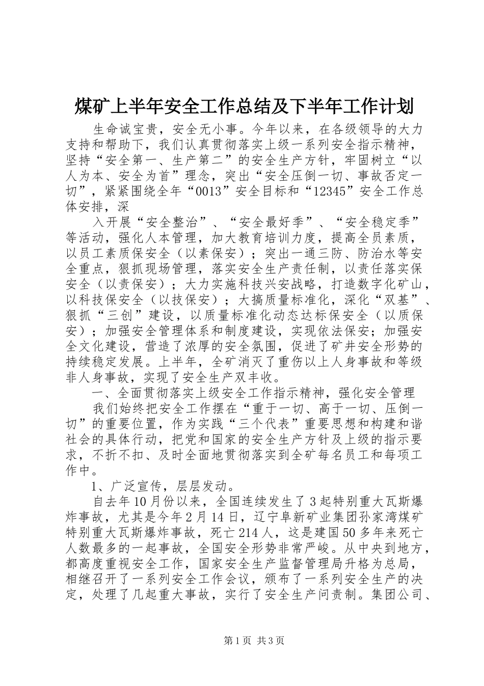 煤矿上半年安全工作总结及下半年工作计划_第1页