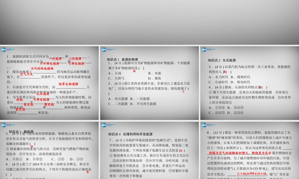 九年级科学下册 42 能源及其利用习题课件 浙教版 课件