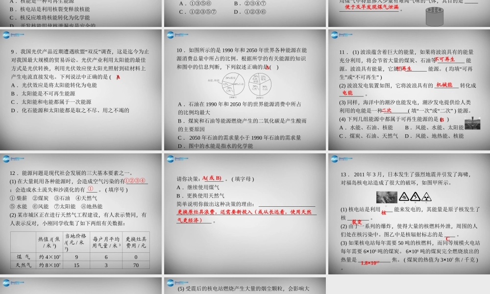 九年级科学下册 42 能源及其利用习题课件 浙教版 课件