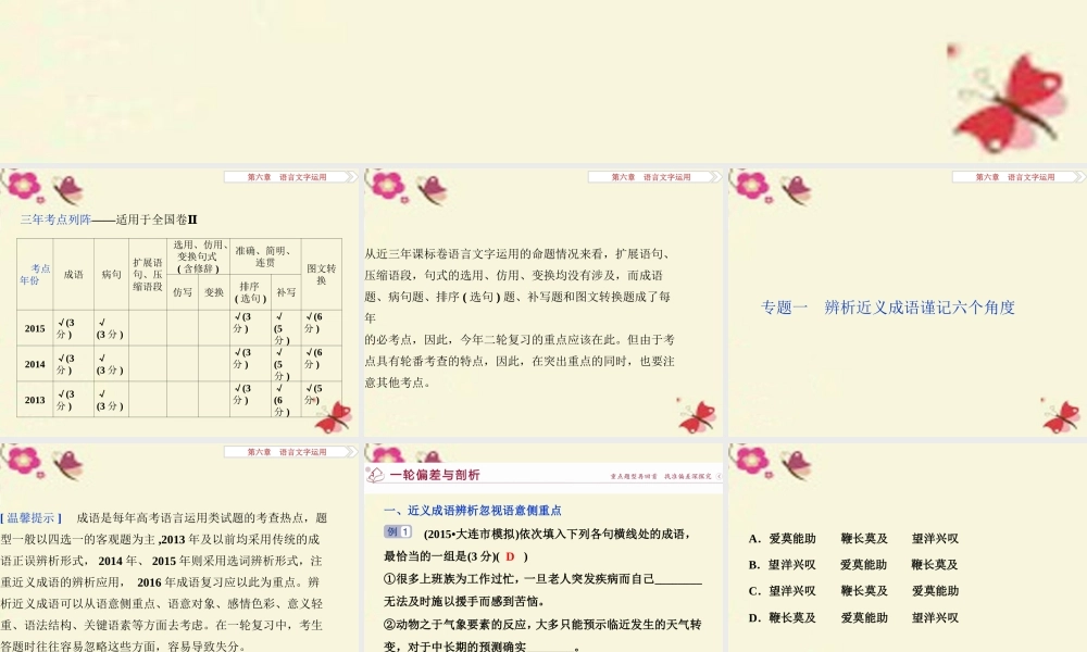 优化方案高考语文二轮总复习第六章语言文字运用专题一辨析近义成语谨记六个角度课件