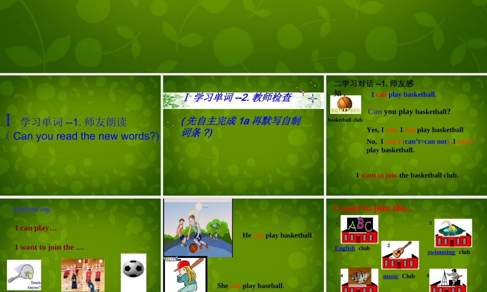 中学七年级英语下册 Unit 1 Can you play the guitar Period 1课件 (新版)人教新目标版 课件