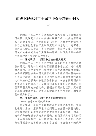 市委书记学习二十届三中全会精神研讨发言