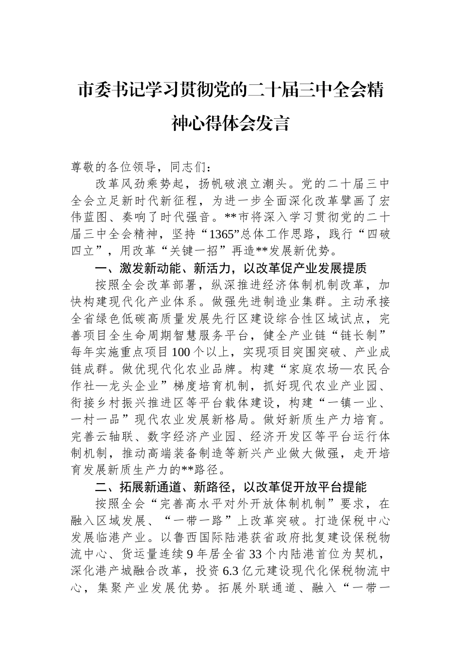 市委书记学习贯彻党的二十届三中全会精神心得体会发言_第1页