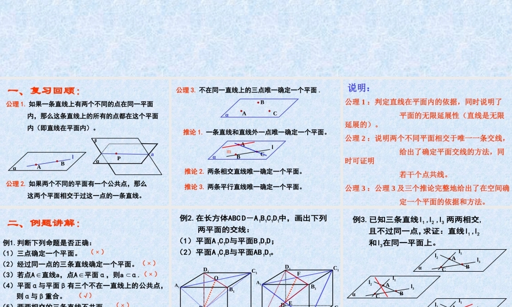 平面的基本性质应用(1) 苏省高二数学立体几何平面与空间直线单元全部系列课件 人教版 苏省高二数学立体几何平面与空间直线单元全部系列课件 人教版