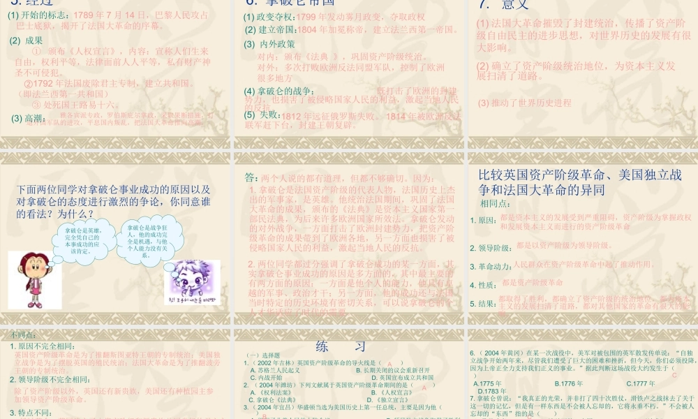 人教版初三历史复习 英法美资产阶九年级革命 课件