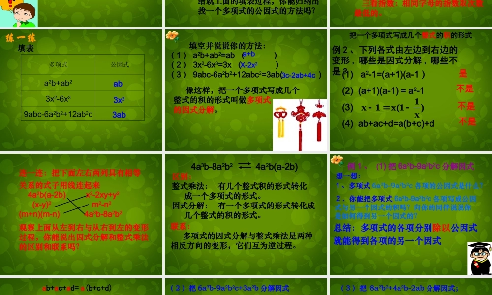 中学七年级数学下册 9.5 多项式的因式分解课件1 (新版)苏科版 课件