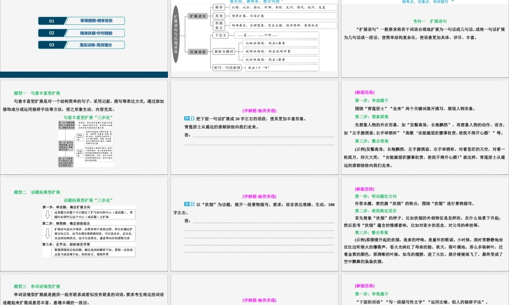 新高考语文二轮复习第四部分语言文字运用专题八针对提升五短话长说长话短说__扩展语句压缩语段课件
