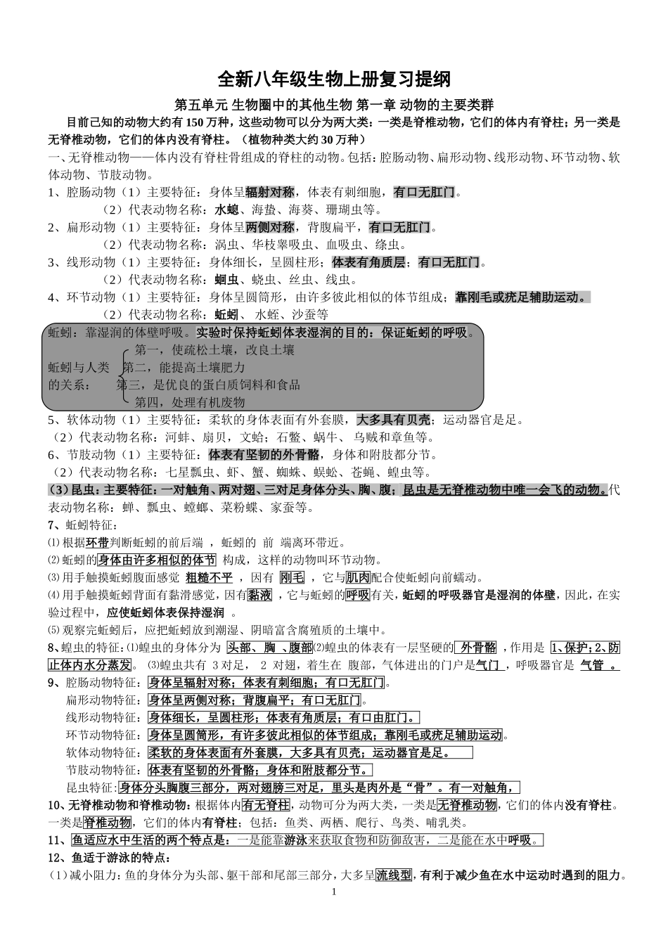 2013年最新版八年级上册生物复习提纲(2013年秋使用)_第1页