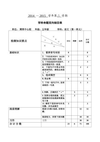 五年级下册语文第一单元双向细目表
