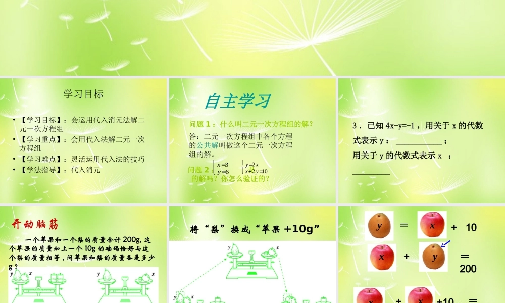 中学七年级数学下册(用代入法解二元一次方程组)课件 (新版)新人教版 课件