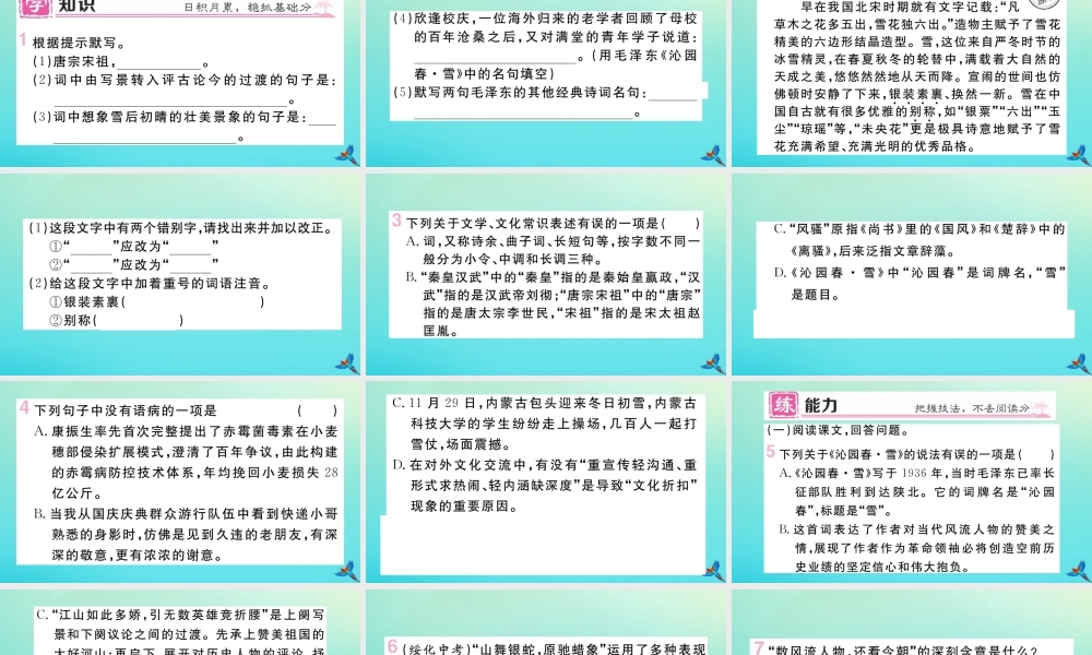 九年级语文上册 第一单元 1 沁园春 雪作业课件 新人教版 课件