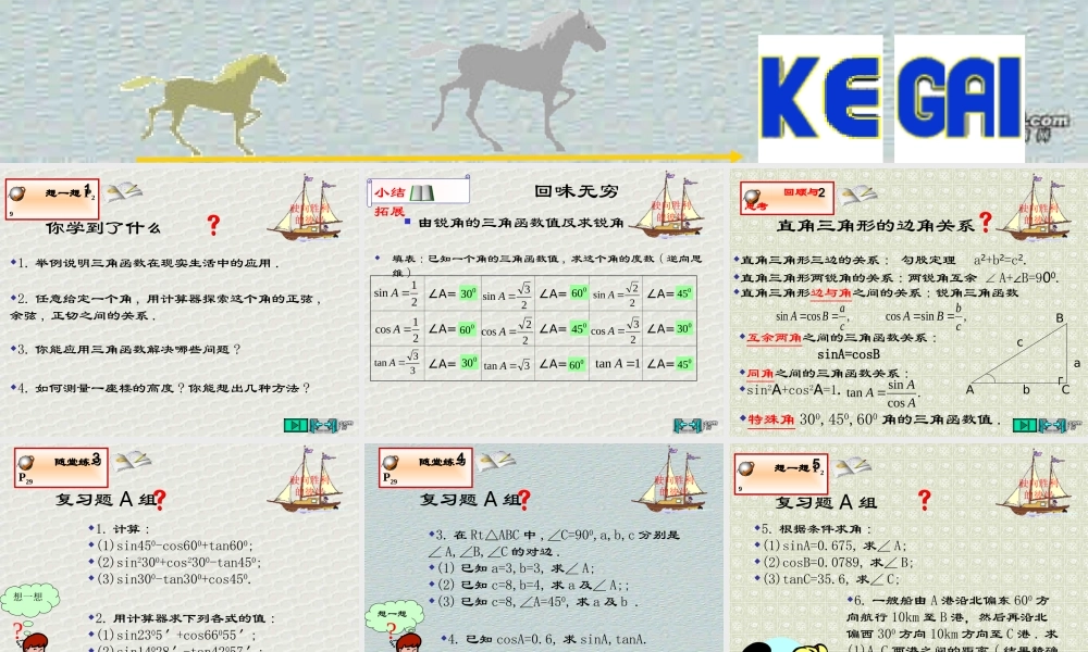 回顾与思考1第一章直角三角形边角关系小结 福建省南平地区九年级数学下册第一章 直角三角形整章课件集二 北师大版