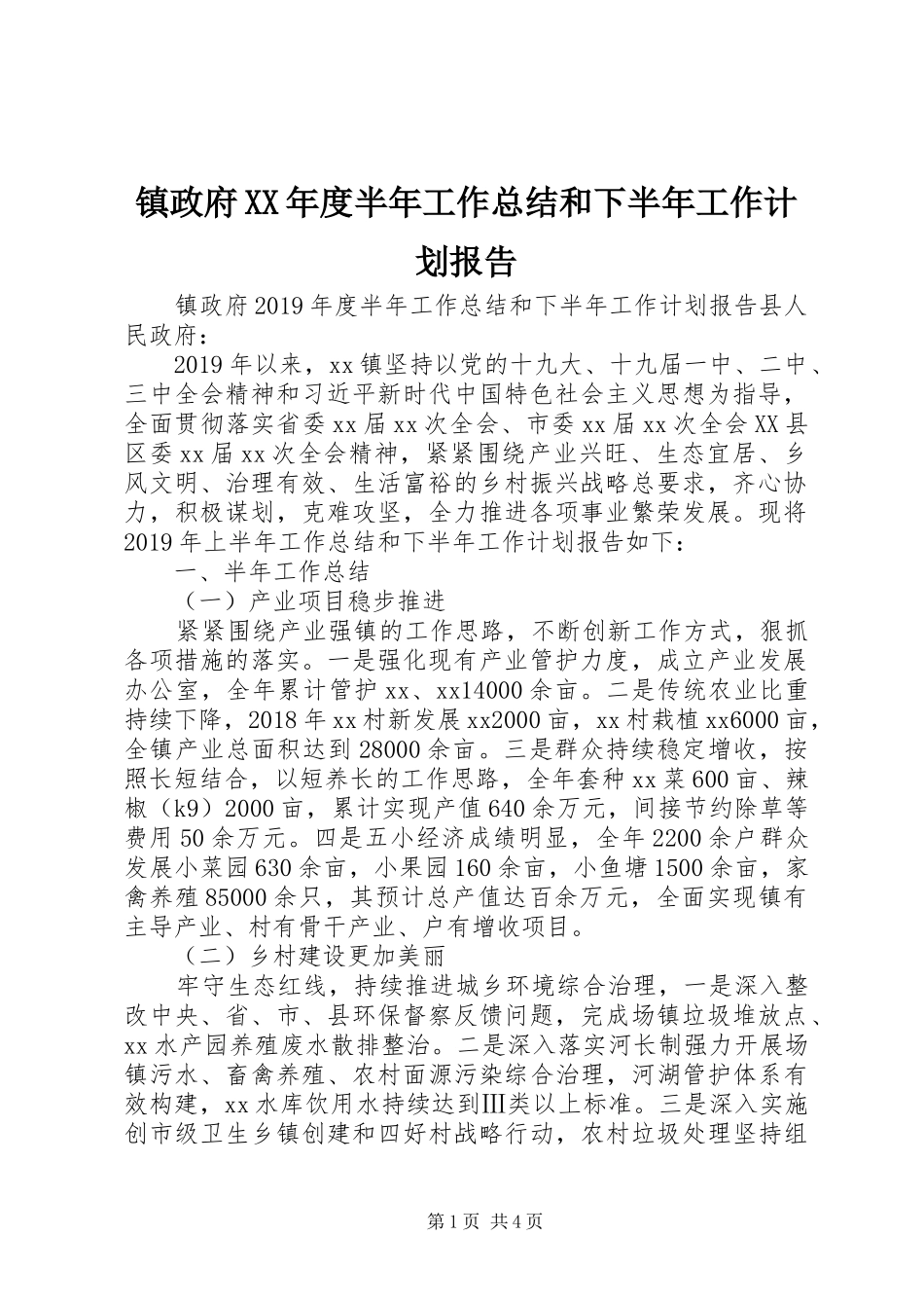 镇政府XX年度半年工作总结和下半年工作计划报告_第1页