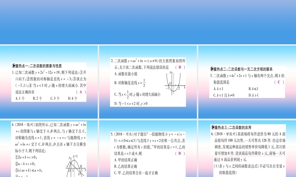 九年级数学下册 第2章 二次函数重热点突破、真题体验、本章方法、易错总结课堂导练课件(含中考真题)(新版)北师大版 课件