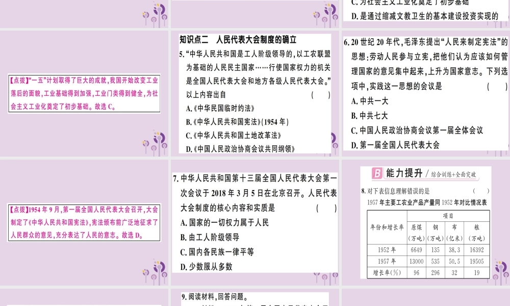 春八年级历史下册 第二单元 社会主义制度的建立与社会主义建设的探索 第4课 工业化的起步和人民代表大会制度的确立同步训练课件 新人教版 课件