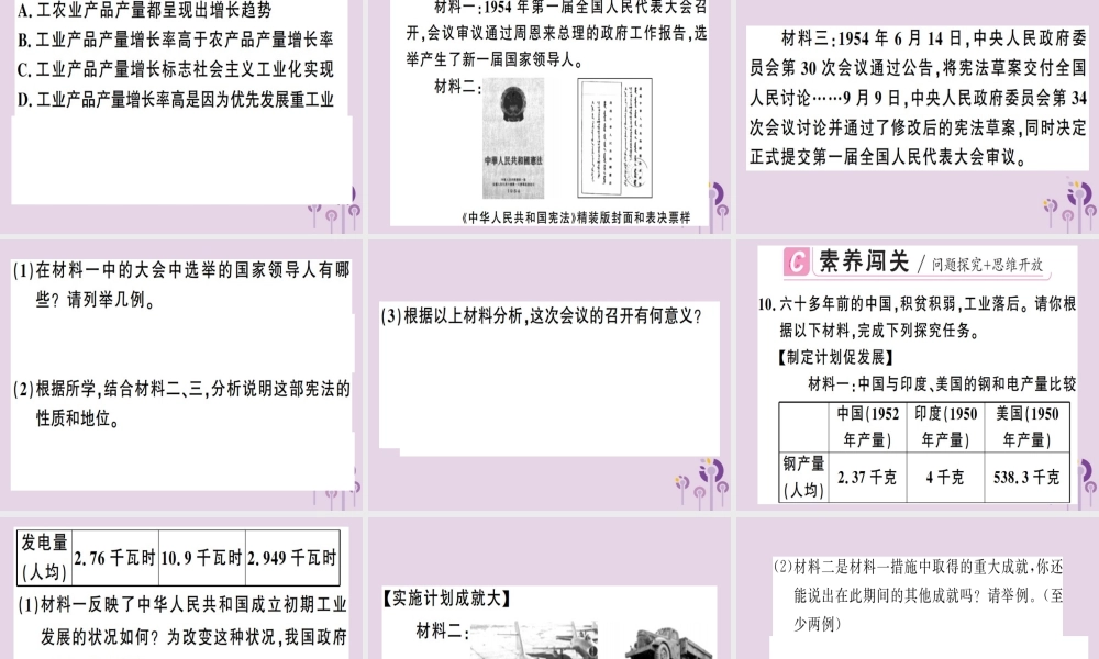 春八年级历史下册 第二单元 社会主义制度的建立与社会主义建设的探索 第4课 工业化的起步和人民代表大会制度的确立同步训练课件 新人教版 课件