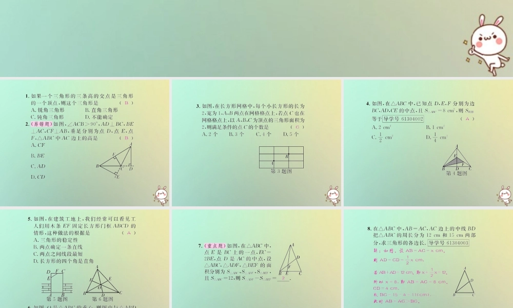 八年级数学上册 第十一章 三角形 11.1 与三角形有关的线段 11.1.2 三角形的高、中线与角平分线 11.1.3 三角形的稳定性习题课件 (新版)新人教版 课件