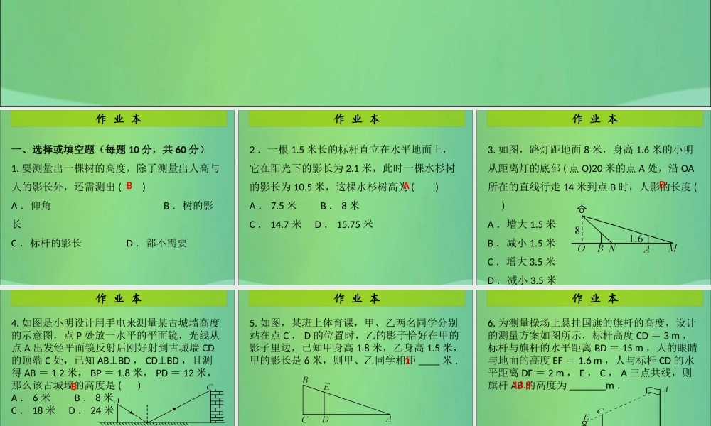 九年级数学上册 第4章 图形的相似 第10课时 利用相似三角形测高(课后作业)习题课件 (新版)北师大版 课件