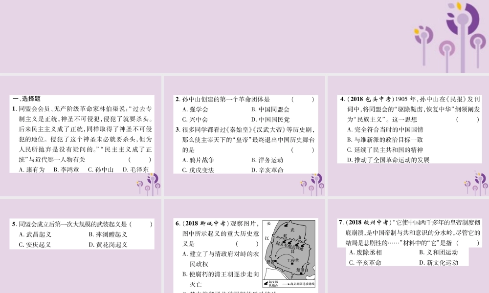 中考历史总复习 第一编 教材知识速查篇 模块一 中国近代史 第3讲 资产阶九年级民主革命与中华民国的建立(精练)课件