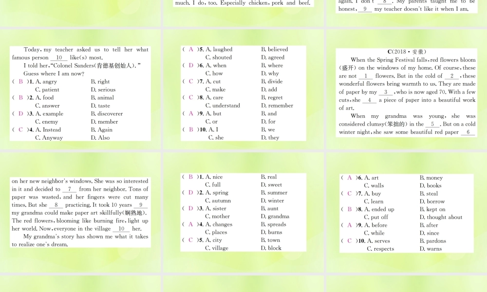 九年级英语全册 专题复习四 完形填空习题课件 (新版)人教新目标版 课件
