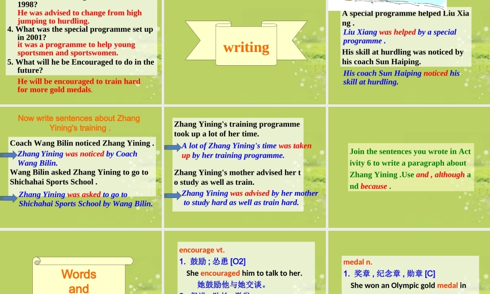 九年级英语上册(Module 3 Sporting life Unit 2 Liu Xiang was trained for gold)课件 外研版 课件
