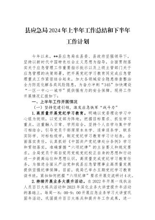 县应急局2024年上半年工作总结和下半年工作计划