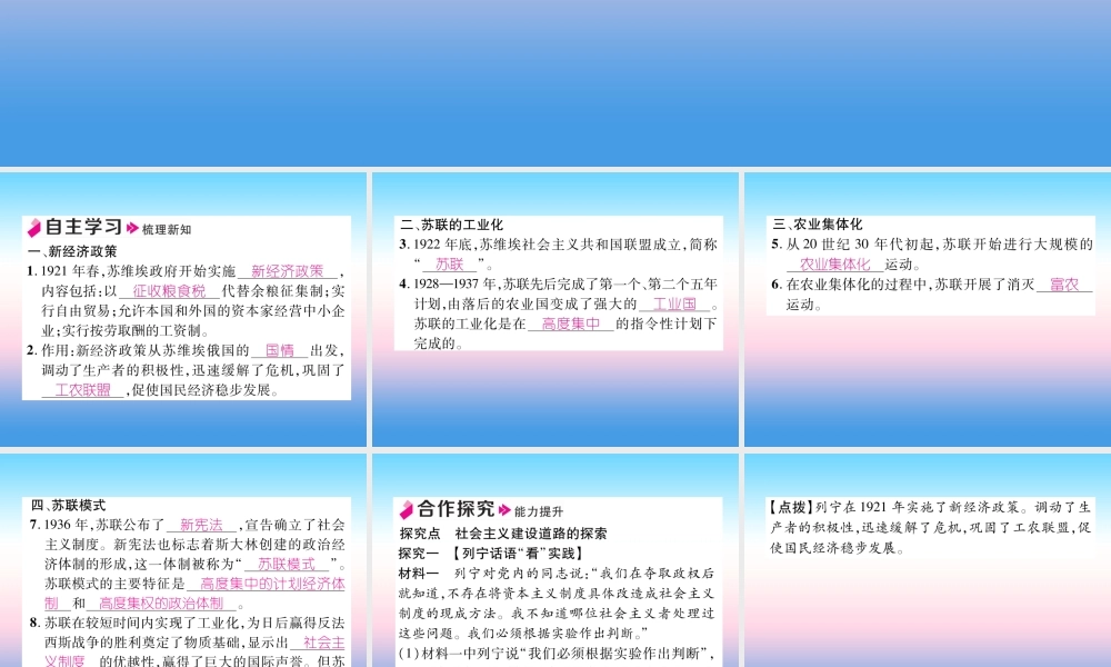 九年级历史下册 第3单元 第一次世界大战和战后初期的世界 第11课 苏联的社会主义建设自主学习课件 新人教版 课件